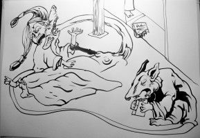 étreinte - encrage par transparences sur feuille A3 90gr - à la fin de l'encrage que je n'ai pas fini, je ne distingue plus assez mon dessin d'origine et c'est le why - yokais Tesso  et Rokuro Kubi