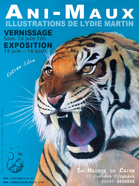Affiche de l'exposition d'illustrations Ani-Maux de Lydie Martin: illustrations d'animaux en voie de disparition