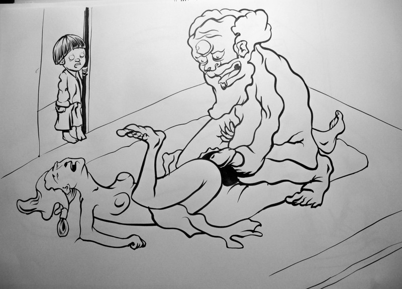 étreinte - encrage par transparences sur feuille A3 90gr - issu d'une vrai estampe vu au Japon (musée du Manga à Kyoto) - yokai Zashiki Warashi