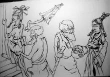 rencontre - crayonné et encrage sur rouleau - yokai Kara-kasa