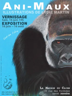 Affiche de l'exposition d'illustrations Ani-Maux de Lydie Martin: illustrations d'animaux en voie de disparition