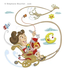 Girafe trainant la mère noël en situation de handicap, en fauteuil roulant