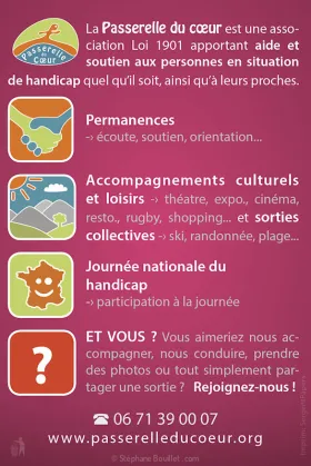 Flyer de l'association "La passerelle du coeur", aide aux personnes en situation de handicap, basée à Oloron Sainte Marie, 64400