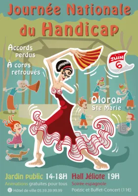 Flyer recto de la journée nationale du handicap, Oloron Sainte Marie (64). Une danseuse espagnole danse le flamenco, avec un avant-bras manquant et en étant aveugle. D'autres personnages sont en situation de handicap ou font des parcours de sensibilisation au handicap, autour du kiosque du jardin public d'Oloron Sainte Marie.