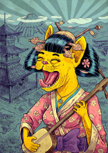 poster Geisha bouledogue français au shamisen