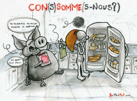 Gaspillage de nourriture emballée, mangée par un cochon-poubelle