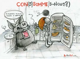 Gaspillage de nourriture emballée, mangée par un cochon-poubelle